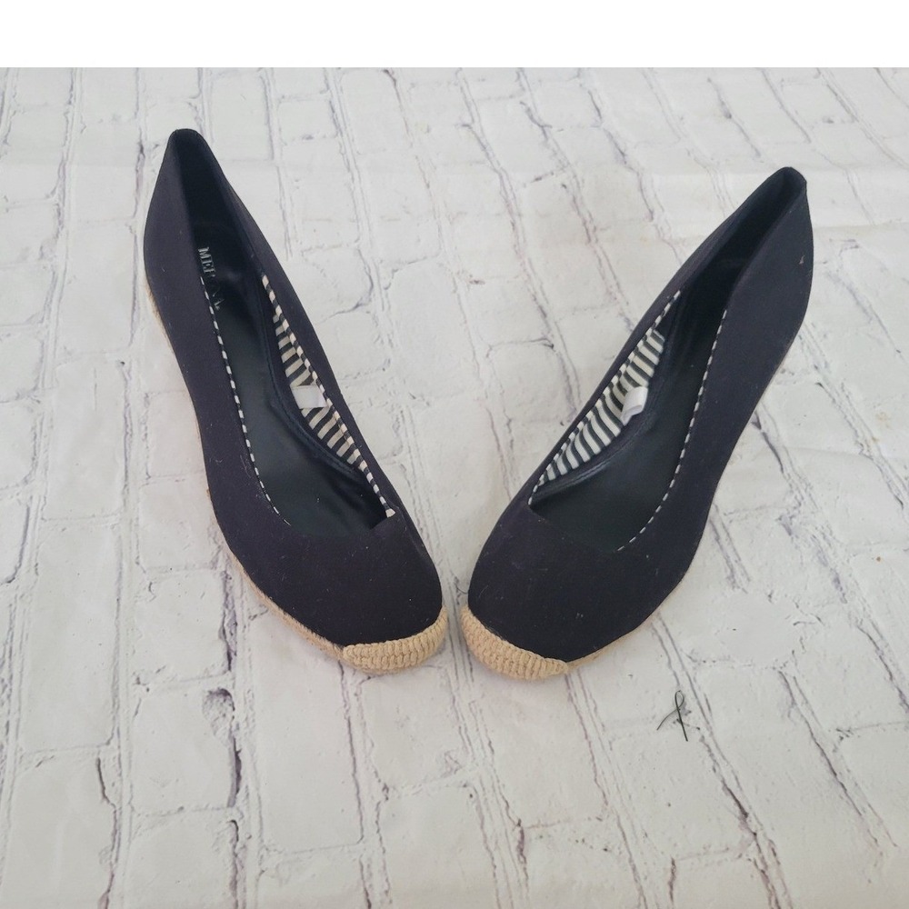 Merona Womens Black Canvas Espadrille Wedge Heels Round Toe Pumps Striped Lining